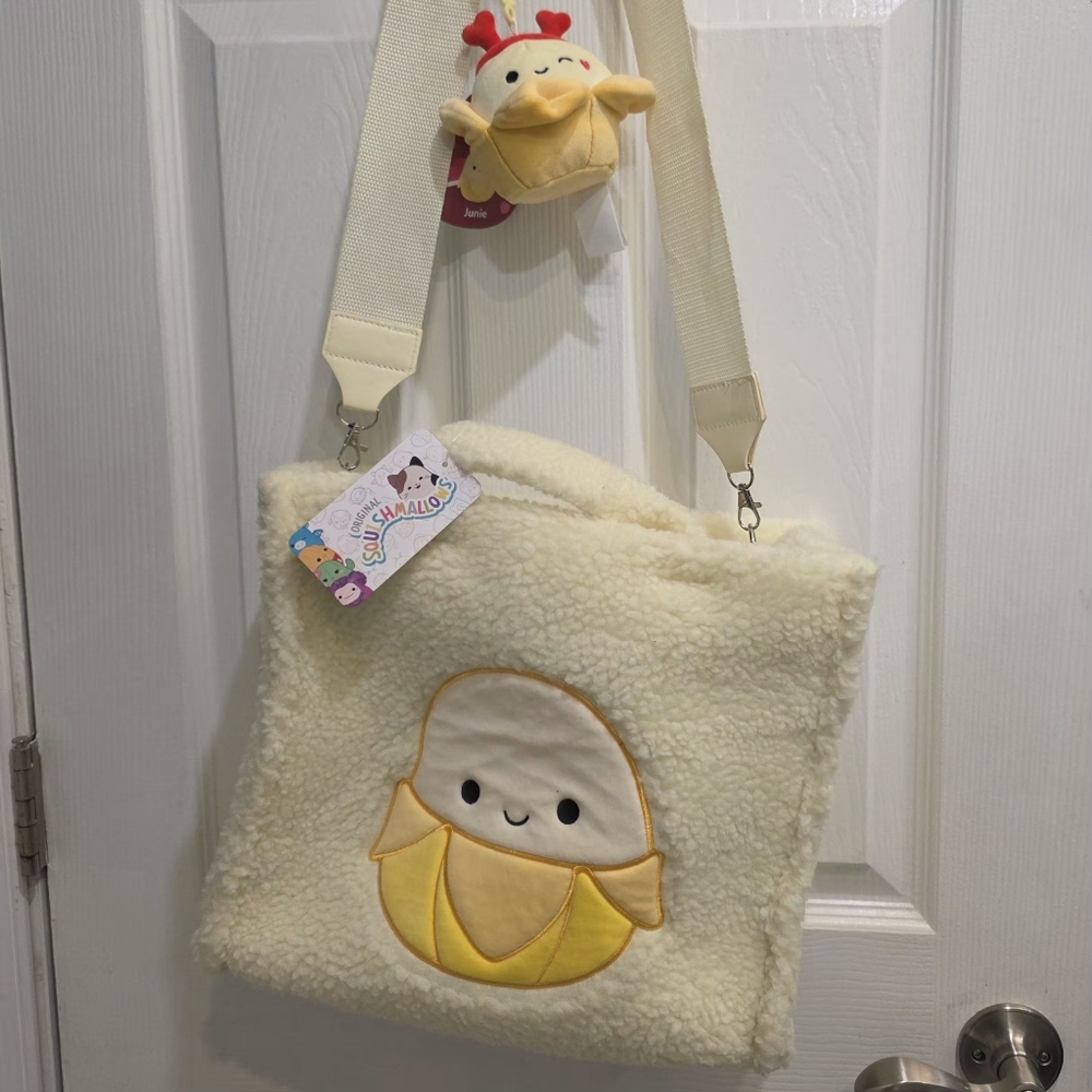 JUNIE 🍌 Yellow Tote Banana Squishmallow Sherpa Type w Dbl Adj. Removable Straps